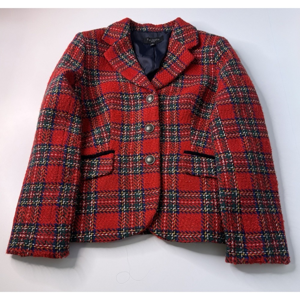 Talbots Petite Wool Blend Blazer Women's Size 6P Red Holiday Plaid Tweed Jacket